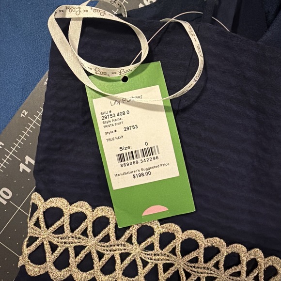 Lily Pulitzer Trista Shift Dress Size 0 Navy Blue/Gold Trim Lace-Up Neck - New - Picture 9 of 11